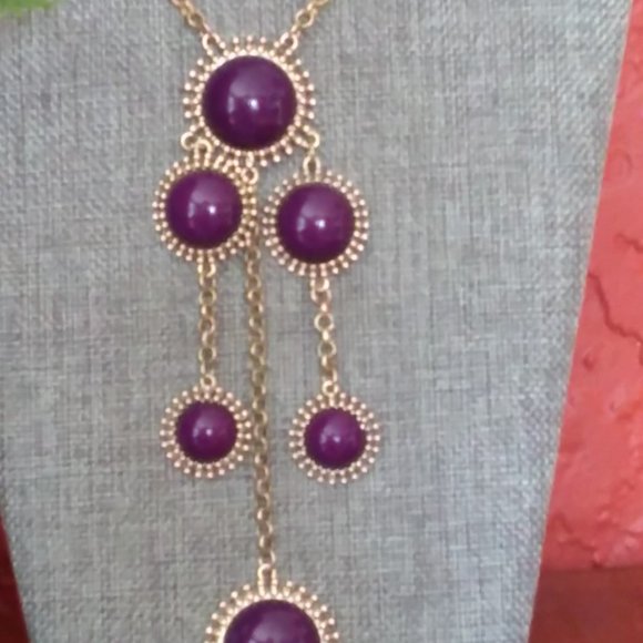 Coldwater Creek Long Statement Necklace Purple Dangle on Gold Tone - Picture 2 of 3